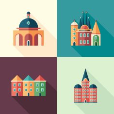 Set of colorful buildings flat square icons with long shadows