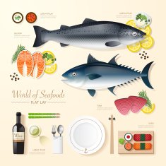Infographic food business seafood flat lay idea fish sushi Vector