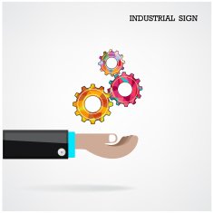 Geometric gears with businessman hand on background industrial sign N2