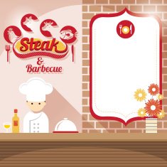 Chef at Steak House Shop Counter with Blank Sign