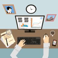 Workplace with Hands and Infographic in Flat Design Style vector