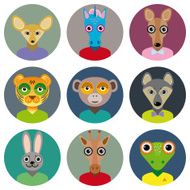 Set animals faces circle icons Trendy Flat Style zoo infographics