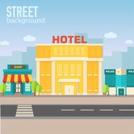 Hotel building in city space with road on flat background