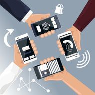 Hands holding smartphones telephones that
