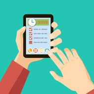 time management concept - hands holding tablet vector