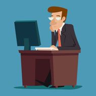 Businessman Character at desk working on computer Stylish Background Retro