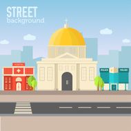 church building in city space with road on flat background