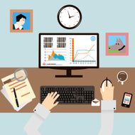 Workplace with Hands and Infographic in Flat Design Style vector N2