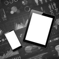 Tablet pc and mobile phone on infographic Blackboard - Chalkboard