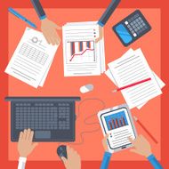 Business workplace with hand notebook tablet