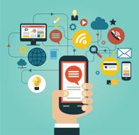 Hand holding smartphone surrounded by icons vector