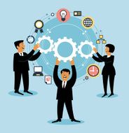 Cartoon team of people holding gears and business icons N2