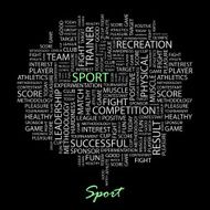 Sport-related word cloud on black background