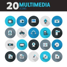 Blue flat round button multimedia icons