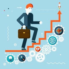 Businessman Goes Success Infographic Stairs Symbol Gears icons on Stylish