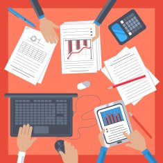 Business workplace with hand notebook tablet