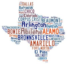 Word cloud showing the cities in Texas N2
