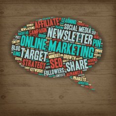 Word Cloud - Online Marketing Speech Bubble on Wood