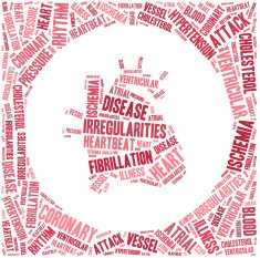 Word cloud heart disease related in shape of organ N2