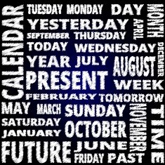 Time and calendar word cloud scribble style on blue background N2
