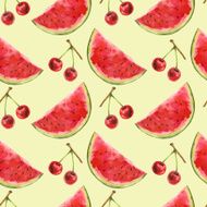 Watercolor seamless pattern with watermelon and cherry
