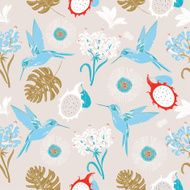 Seamless tropical floral pattern background with birds