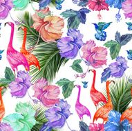 Seamless pattern watercolor tropical flowers palm tree and birds