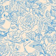 blue beige birds and peonies