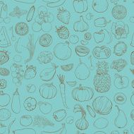 Seamless vector pattern with contour drawing of vegetables fruits berries