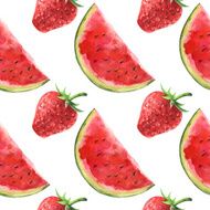 Watercolor seamless pattern with watermelons and strawberry