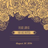 Invitation card with hand drawn golden roses background