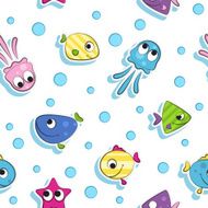 Seamless pattern with colorful cartoon fishes white background