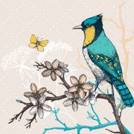 Vintage sketch of green bird with butterfly and flowers