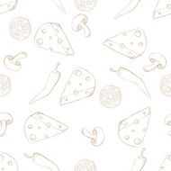 Pizza ingredients seamless pattern sepia on white