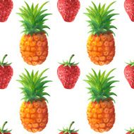 Watercolor seamless pattern with pineapples and strawberry
