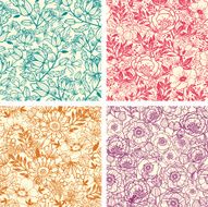 Floral Line Art Seamless Four Patterns Set