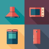 Kitchen home appliances flat square icons with long shadows