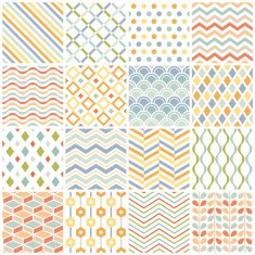Patchwork of 16 geometric patterns on white
