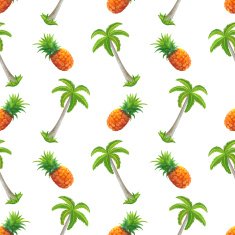 Watercolor seamless pattern with coconut palm trees and pineapples