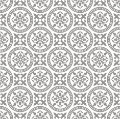 Gray pattern of circles and floral shapes on white