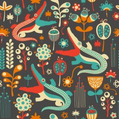 Colorful seamless pattern with flowers and crocodiles N2