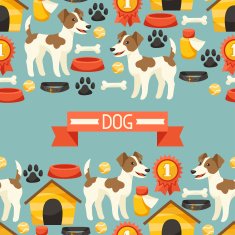 Seamless pattern with cute dogs icons and objects