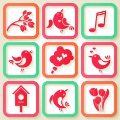 Set of 9 icons with birds and flowers