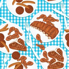 Picnic Table Plates And BBQ Meat Seamless Pattern