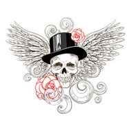 Skull in hat with roses on background wings