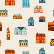 Town seamless pattern with cute colorful houses