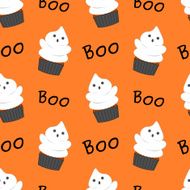 Cute halloween ghost cupcake funny cartoon seamless pattern