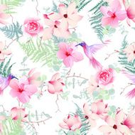 Exotic flowers with hummingbirds seamless vector print N2