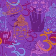 Seamless pattern of Buddha face om sign and palm