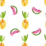Seamless watercolor pattern with pineapple and watermelon